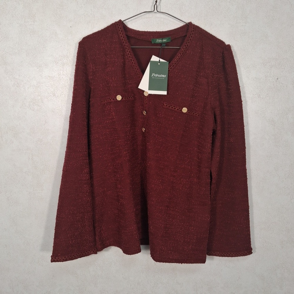 Triratna Textured Knit Top Women Large Burgundy Gold Button V-Neck TR24DT05WIN04
